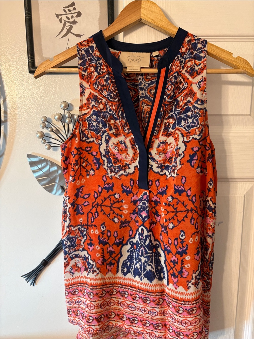 Orange Printed Sleeveless V-Neck Women's Camisole with Navy Trim